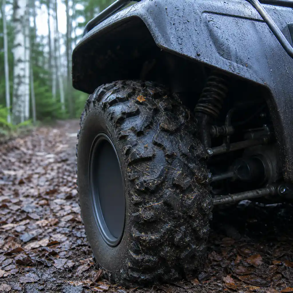 A muddy ATV tire on a forest trail