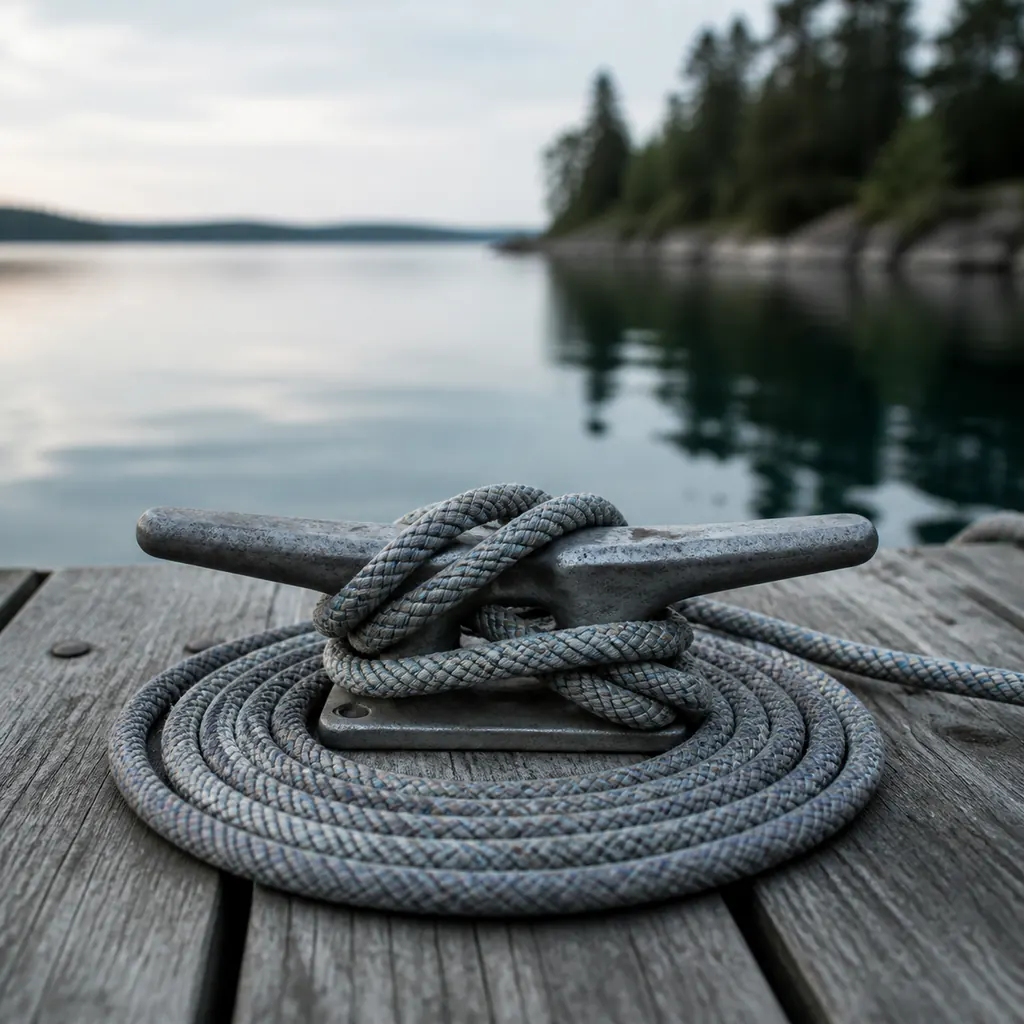 A dock cleat with a coiled rope beside lake water