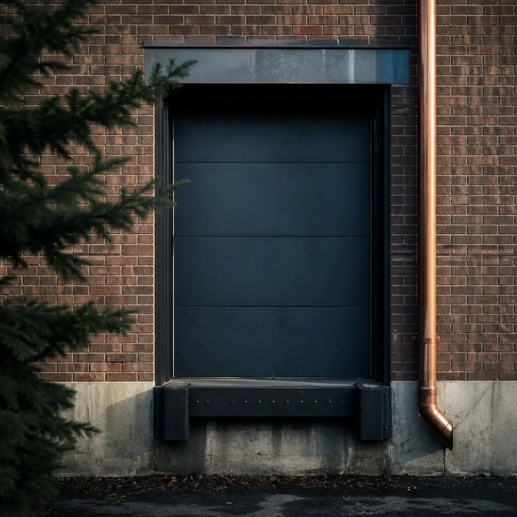 A brick loading door and copper downspout