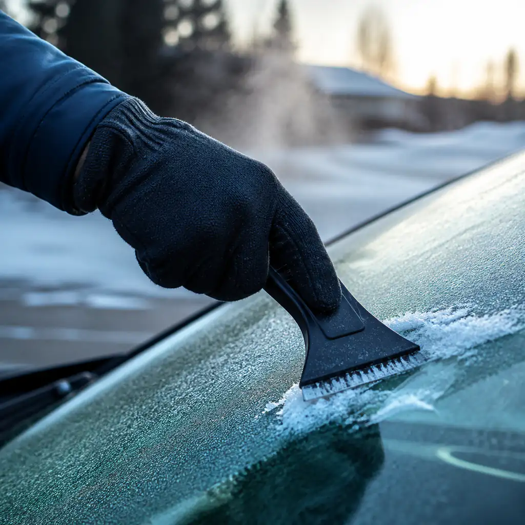 A gloved hand scraping frost from a windshield