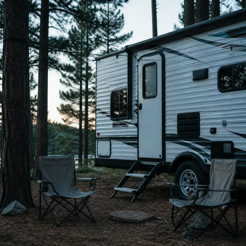 An RV entry step at a pine campsite