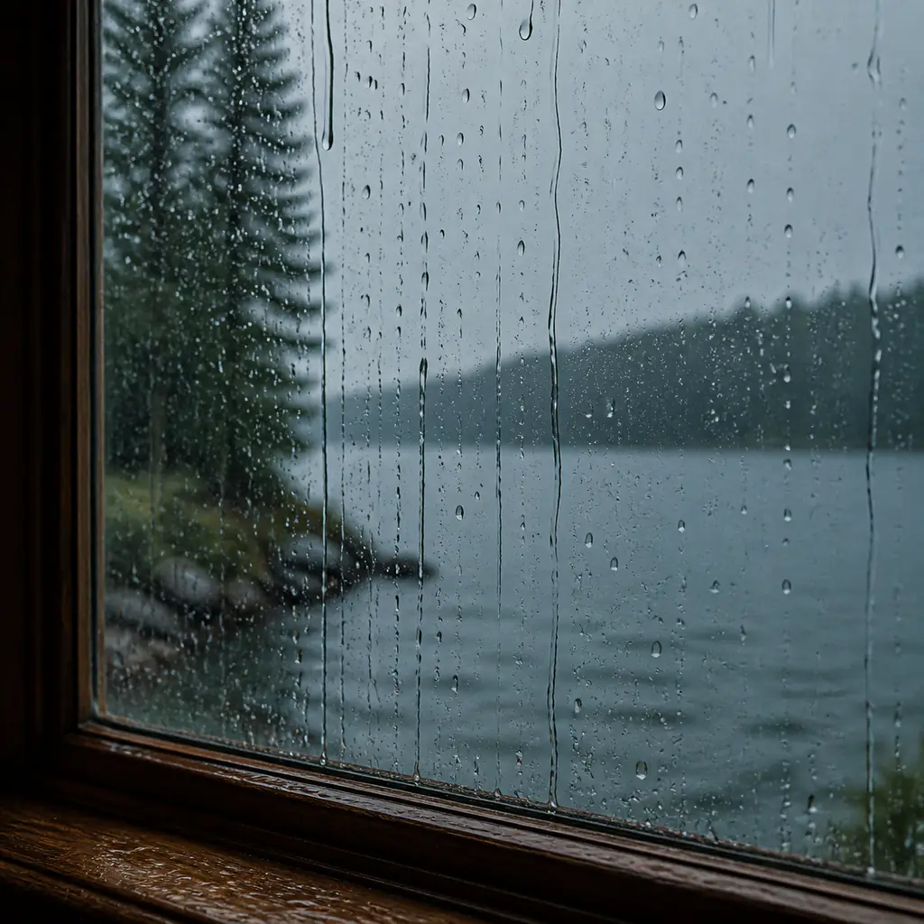 Rain running down a cabin window above a lake