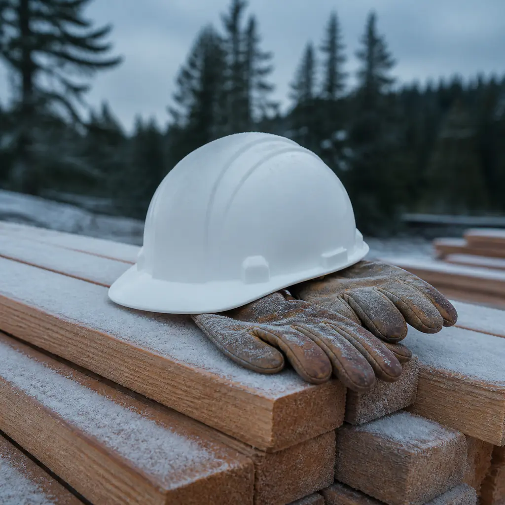 A hard hat and gloves on framing lumber